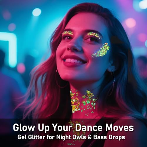 6 Colors Glow Body Glitter Gel, Glow in The Dark Hair Face Glitter Gel, Rave Accessories for Festivals Carnival UV Black Light Party