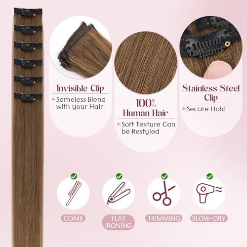 S-noilite 6Pcs Clip in Human Hair Extensions,Remy Single Clip in Hair Extensions 6Pcs 6clips Straight Light Brown Seamless Hairpieces for Women 20Inch 44g