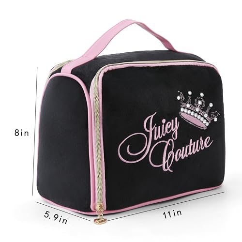 Juicy Couture Black Makeup Bag Cosmetics Organizer Travel Essentials Bowler Vintage Style Velour Rhinestone Crown