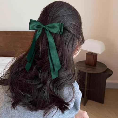 5.5in Hair Clips for Women Dark Green Tassel Ribbon Bow-knot Hairpins with Long Tail,Solid Satin Polyester Alligator Barrettes Claw Clips for Girls Stylish Hair Accessories