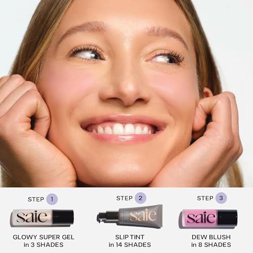 Saie Mini Glowy Super Gel Lightweight llluminator & Makeup Primer - Sunglow (0.5 oz) + Dew Blush - Lightweight Liquid Blush with a Blendable + Buildable Cream Finish - Spicy (.40 oz)