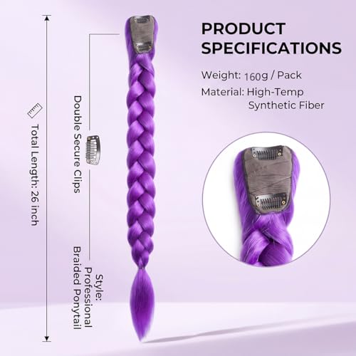 Purple Braided Ponytail Hair Extension 26 Inch Clip-In Synthetic Hair - JingChyx