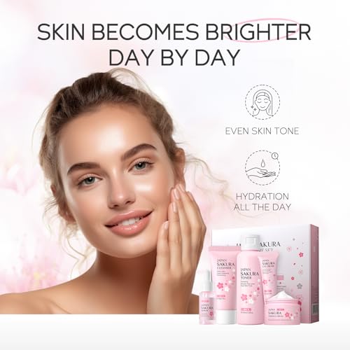 LAIKOU Skin Care Set JAPAN SAKURA Women Beauty Gift Sets Skin Care Kit with Cleanser, Toner, Serum, Eye Cream, Face Cream Travel Kit for Women Teen Girls Mom Daughter Birthday TSA-friendly Sizes 5pcs