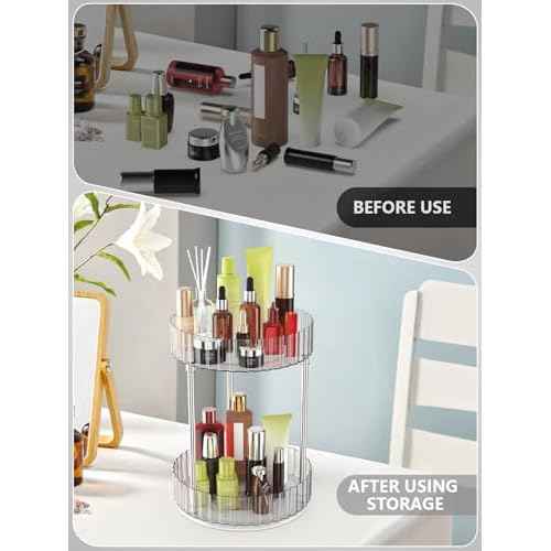 Makeup Organizer,360¡Æ Rotating Makeup Organizer, 2-Tier Round Rotating Skincare Organizer Countertop,Fits Bedroom, Bathroom, Vanity Shelf Countertop(Clear)