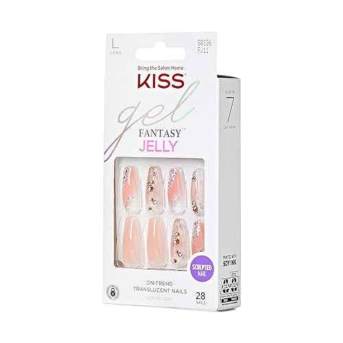 KISS Jelly Fantasy Press On Nails, Nail glue included, 'Jelly Cat', Multicolor, Long Size, Coffin Shape, Includes 28 Nails, 2g glue, 1 Manicure Stick, 1 Mini File
