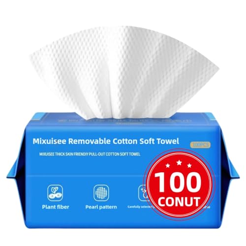 Disposable face towel,MIXUISEE thick and soft face towels,100% cotton face towels,super thick 130%. Suitable for makeup removal and cleansing, and applicable to sensitive skin. (100 pieces)