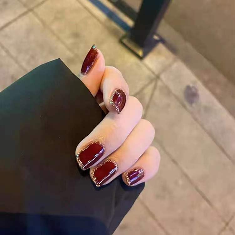 Short Press on Nails Square Red Rose Sliver Foil Fake Nails Dark Red Luxury Marble Silver Foil Surround in Glitter Designs Full Cover Stick on Nails Glossy Artificial False Nails for Women 24Pcs