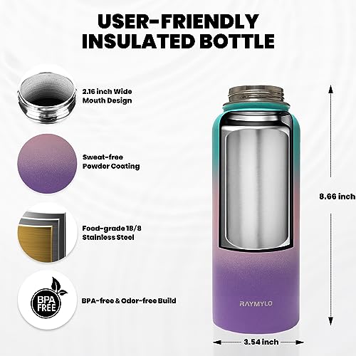 RAYMYLO Insulated Water Bottle 32 oz, Triple Wall Vacuum Stainless Steel (Cold for 48 Hrs), Leak Proof & Non-BPA, Modern Water Flask Jug with Paracord Handle & Straw Spout Lids, Cyan Blue