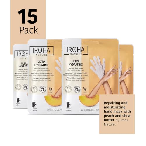 IROHA NATURE Repairing Hand Mask Gloves | 15 Pairs | Peach & Shea Butter | Hydration & Repair for Damaged & Cracked Hands | Vegan & 93% Natural Ingredients