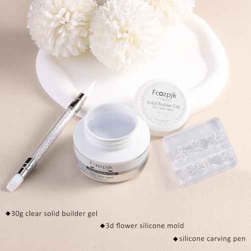 Clear Solid Builder Gel For Nails, 30g Hard Gel for Nails with Silicone Molds for Carving Non-Sticky Building 3D Sculpture Flowers Modeling Design Professional Manicure Supplies