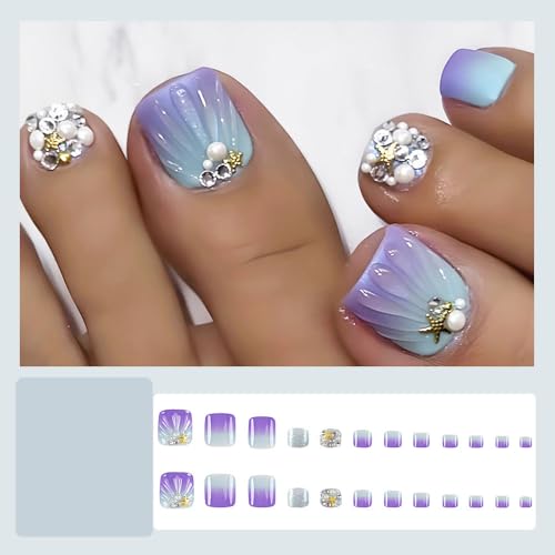 24 Pcs Purple Press on Toenails Short Square - MINGCHUN Summer Ombre Fake Toe Nails Art Tips With Starfish Pearl 3D Rhinestones Full Cover False Nails Glue on Nails for Women Manicure Decorations