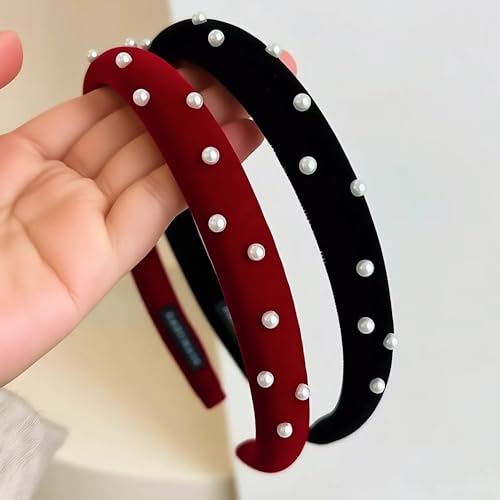 Pearl-Accented Velvet Headbands for Women 2 Pack - Black & Burgundy, Vintage Elegant Hair Accessories, Fanssya