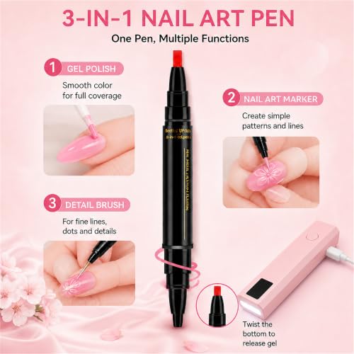 3-in-1 Quick-Dry Gel Nail Polish Pen Set with Fine Tip, 6 Colors