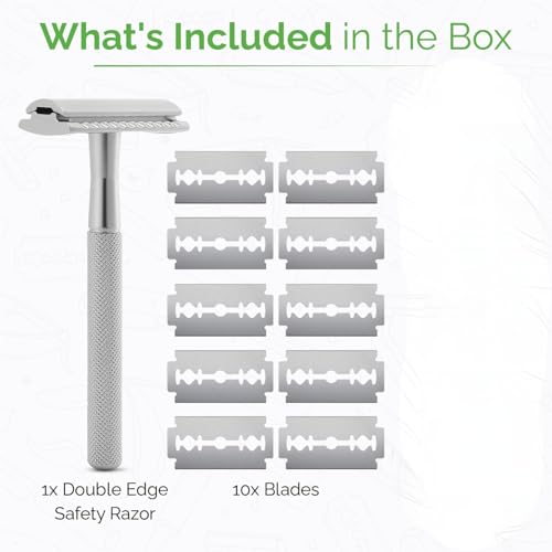 Double Edge Safety Razor - Single Shaving Metal Razors With 10 Platinum Coated Stainless Steel Double Edge Blades Reusable Eco And Travel Friendly Saftey Shaver Blade Set Men Women (Silver, Single)