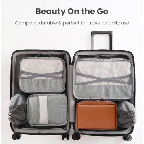 Travel Makeup Bag Large Capacity Cosmetic Bags Flat Open Make up Bag with Multiple Compartments Portable Toiletry Bag Waterproof PU Leather Pouch for Women Beauty & Travel Essentials (Brown)