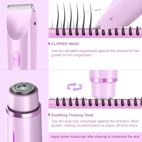Women's Electric Shaver Bikini Trimmer for Women Razors 2-in-1 Dual Head Design IPX7 Waterproof Wet & Dry Use Body Groomer Hair Trimmer Remover for Facial Underarm Arm Face Leg Bikini (Purple)