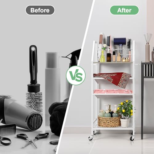 OYEAL White Bathroom Storage Cart Rolling Towel Cart On Wheels Freestanding Bathroom Shelf Unit with Hair Dryer Holder for Small Spaces, Living Room, Kitchen