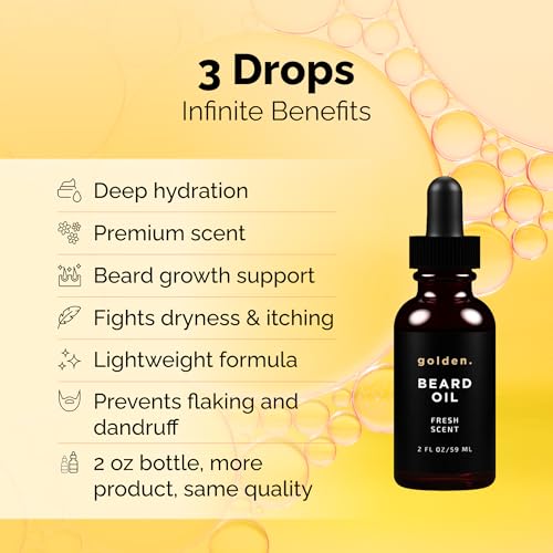 Golden Grooming Beard Oil for Men | Features Castor Oil, Jojoba Oil, and Olive Oil for Hair Growth | Tames, Moisturizes & Styles Your Beard | Fresh Scent | 2oz