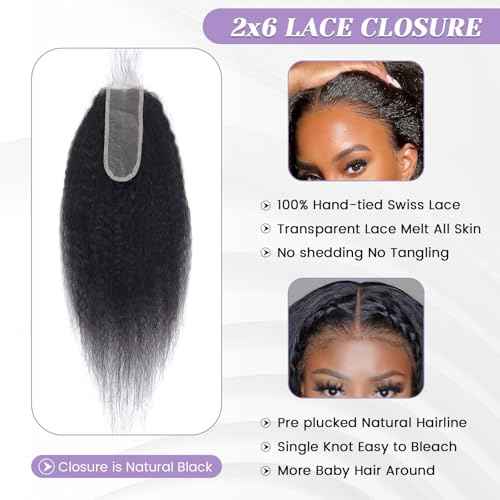 Kinky Straight Closure 2x6 HD Lace Yaki Straight Lace Closure Transparent 100% Real Human Hair Middle Part Long Parting Natural Black 1B Color 16 Inch
