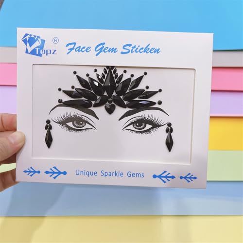 Topz Black Face Jewels Stickers - Self-Adhesive Body Gems