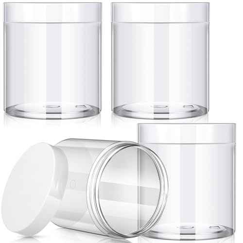 Patelai 4 Pieces Round Wide-mouth Leak Proof Plastic Container Jars with Lids for Travel Storage Makeup Beauty Products Face Creams Oils Salves Ointments DIY Making(16 Ounce,White)