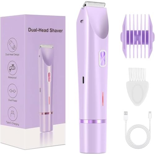 Bikini Trimmer for Women Dual Head,Painless Electric Razors,Bikini Shaver for Pubic Hair, Face, Legs(Grape Purple)