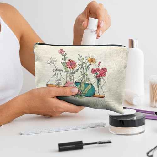 Science Teacher Gifts Makeup Bag - Floral Beakers Cosmetic Pouch
