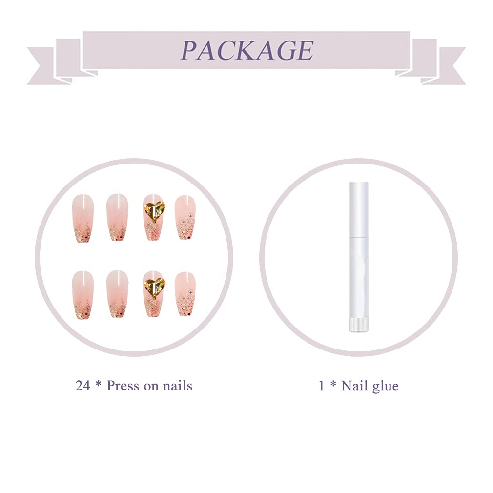 BABALAL Coffin Press on Nails Long Fake Nails with Nail Glue Glitter Glue on Nails 24Pcs Pink French Acrylic Nails Rhinestone Nails for Women and Girls