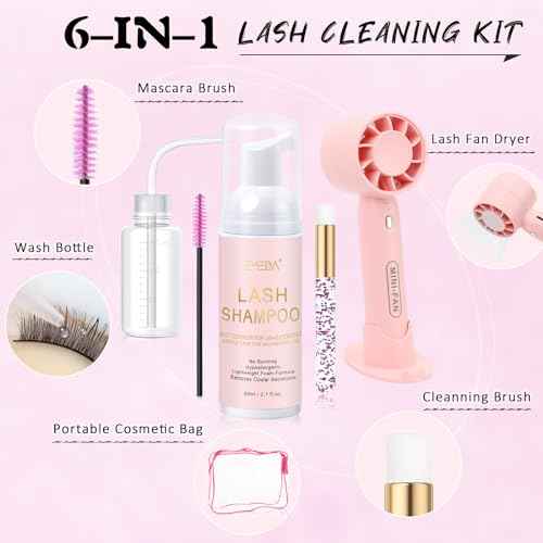 EMEDA Lash Shampoo Kit 2.02 fl oz Lash Cleaning Kit with Rechargeable Fan Dryer/Brush/Rinse Bottle, Oil-free Cleanser Wash for Extensions & Clusters & Natural Eyelashes, Cleaner for Eyelash Care