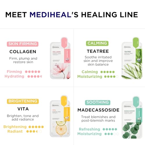 Mediheal Sheet Mask New Essential HERO 32 pack (Collagen, Tea Tree, Madecassoside, Vita) | Korean Skincare Facial Sheet Mask Combo Kbeauty Korean Glass Skin