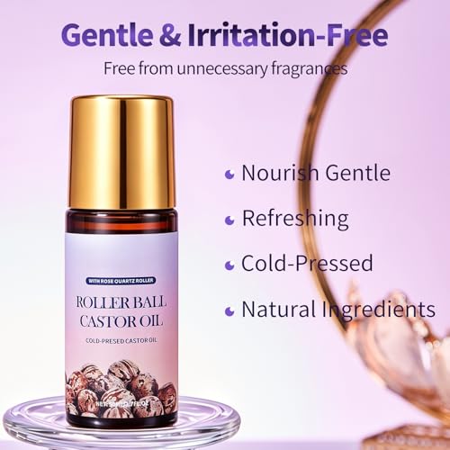 NIZENTA 2PCS Cold-Pressed Castor Oil Roll-On with Rose Quartz Roller - Moisturizing Face & Body, 1.7 Fl Oz Each