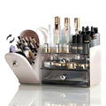 RONGZHIERK Makeup Organizer for Vanity with Brush Holder (White) – Large 2 Drawers