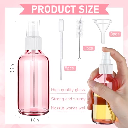 Nuogo 50 Pieces Mini Glass Spray Bottles Bulk 4 Oz Fine Mist Bottles with Funnel Dropper and Cleaning Brush Refillable for Essential Oils, Perfumes and Aromatherapy (Pink)