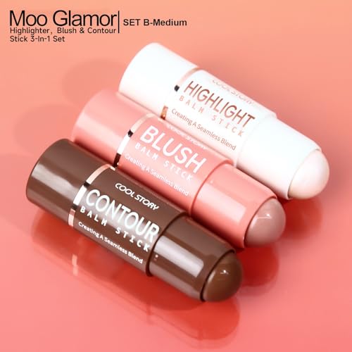3-in-1 Highlighter,Blush and Contour Sticks Trio with Highlighter Stick Contour Stick and Blush Stick for Cheeks and Face Makeup (Set B Medium)