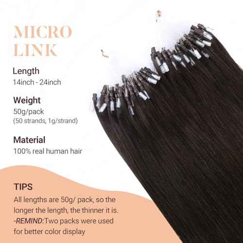 MAXITA Microlink Hair Extensions Human Hair Dark Brown Micro Bead Hair Extensions Virgin Human Hair, 50g/50 Strands/Pack, 24 In