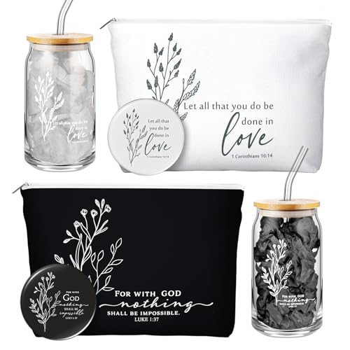 Fumete 2 Sets Christian Gift for Women Easter Mother's Day Sunday School Teacher Makeup Bag Flower Bible Verse Coffee Cup with Bamboo Lid Straw Religious Church Mini Compact Mirror (Bible-A)