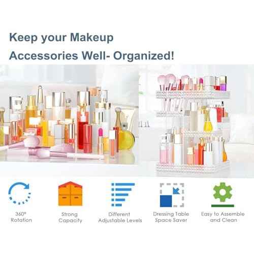 Rotating Makeup Organizer, Large Capacity Cosmetic Display Case, Acrylic Skincare Organizer with Makeup Brush, Makeup Storage Organizer for Dresser Countertop and Bathroom Vanity - Clear