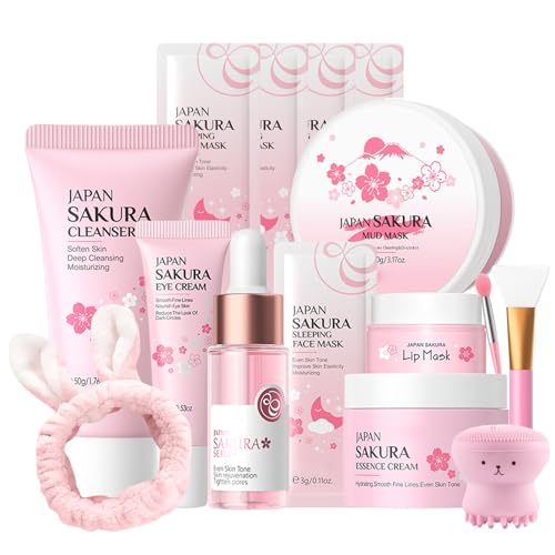 Sakura Skin Care Set, Skincare Gifts For Teenage Girls, Deep Clean, Lasting Moisture, Soothing Repair, Firm Skin, Sakura Extract Face Routine Set for Daily Care, Travel Size Face Care Kit for Women