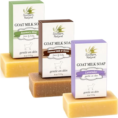 Southern Natural Goat Milk Soap Bar Variety 3 Pack with Lavender Vanilla Goat Milk Lotion ? Face and Body Care for Dry, Sensitive Skin, Suitable for Men, Women, and Kids