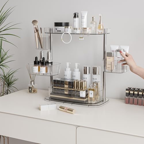 Clear Acrylic Makeup Organizer, Multi-Tier Cosmetic Storage Rack with Side Containers, Large Capacity Skincare Holder for Bathroom Counter, Vanity & Desk
