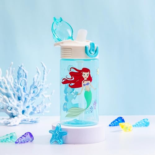 Zak Designs Sage Disney Princess Kids Water Bottle For School or Travel, 16oz Durable Plastic Water Bottle With Straw, Handle, and Leak-Proof, Pop-Up Spout Cover (Ariel & Jasmine)