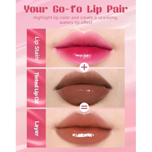 bayfree Tinted Lip Oil & Lip Stain Set, Waterproof & Long-Wearing Korean Makeup, High-Shine & Moisturizing 2-in-1 Cheek and Lip Tint Stain, Lightweight & Non-Sticky for Dry Lips, Cruelty-Free & Vegan