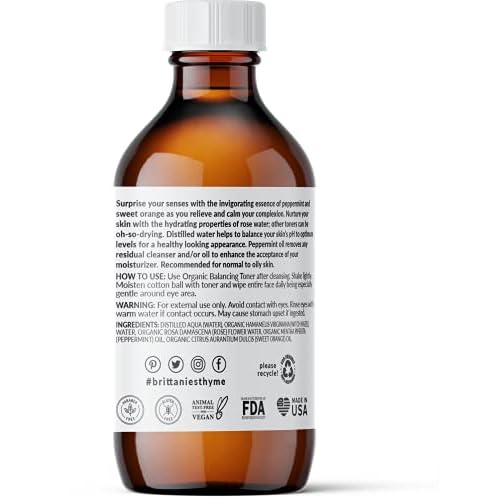 Brittanie's Thyme Organic Balancing Witch Hazel Facial Toner, 4 oz | Peppermint & Sweet Orange Oils Relieve & Calm Complexion | Gentle, Fast Acting Toner