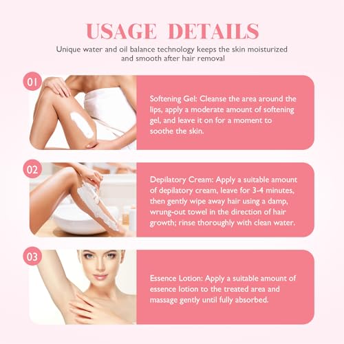 Gentle Facial Hair Removal Cream for Women, Painless Hair Removal Kit with Cream & Smoothing Gel & Soothing Lotion, Soothing Hydrating Facial Depilatory Cream for Sensitive Skin