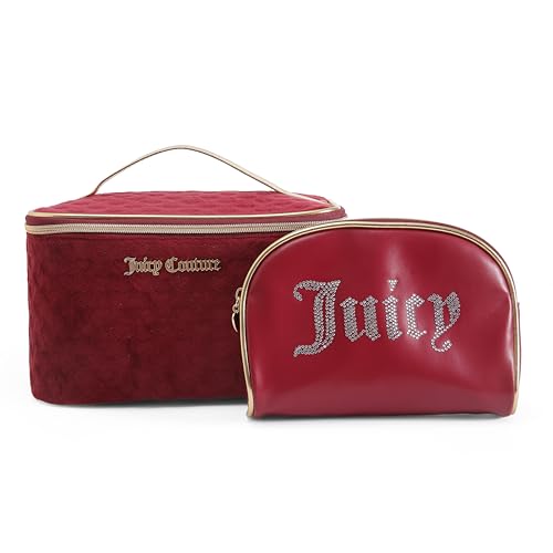 Juicy Couture Red Makeup Bag Cosmetics Organizer Travel Essentials Train Case Coin Purse Velour Heart Faux Leather Rhinestone