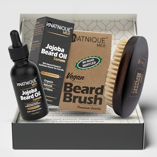 Natnique Beard Care Gift Set ? Organic Jojoba Beard Conditioner with Vitamin E & Tea Tree + Vegan Beard Brush ? Natural Moisturizer & Grooming Kit for Men ? Softens, Hydrates & Reduces Itch