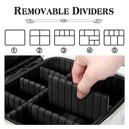 Travel Makeup Bag 10.4 Inches Portable Makeup Train Case Cosmetic Bag Organizer with Adjustable Dividers and Shoulder Strap for Cosmetics Brushes Toiletry Jewelry Digital Accessories (Marble)