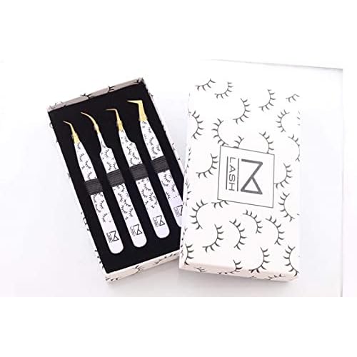 M LASH Tweezers for Eyelash Extensions (Set of 4) - Professional Lash Extension Tweezers - Fiber Tip, Japanese Steel, Diamond Grip Eyelash Extension Tweezer set (WL)
