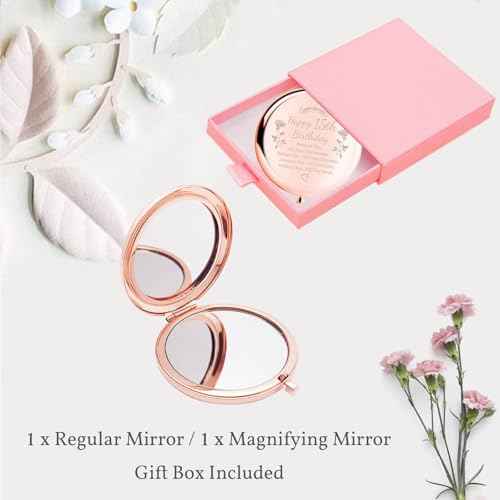 Birthday Gifts for Women Makeup Mirror 10th-85th Birthday Gifts for Sister Mom BFF Daughter Grandma Granddaughter - Milestone Birthday Presents 2-in-1 Compact Mirror (15th Birthday)