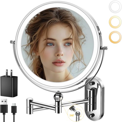 Wall Mounted Lighted Makeup Mirror - 9" Dual-Sided 1X/10X Magnification